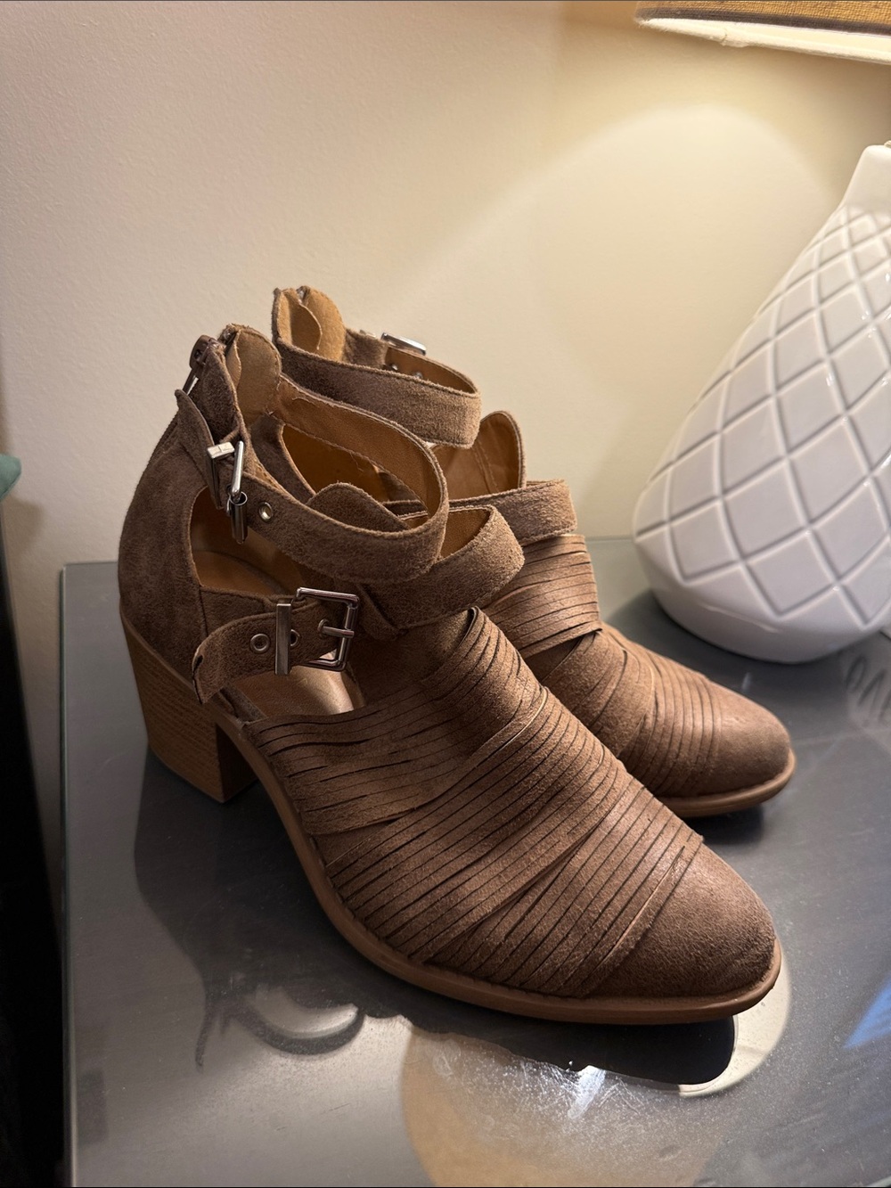 Altar'd State Brown Suede Strappy Block Heel Ankle Boots